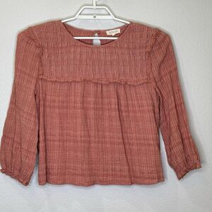 Roolee Women's Peasant Top Large Long Sleeve Round Neck Ruffle Trim Rusty Color